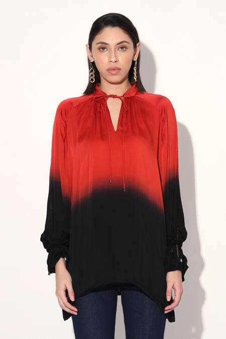 Shop_Linetribe__Multi Color Viscose, Satin Keyhole Neck Red Black Designer Top 