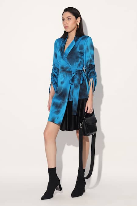 Linetribe_ Blue Viscose Open Neck Satin Dress 