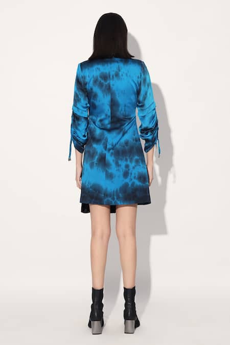 Shop Linetribe_ Blue Viscose Open Neck Satin Dress at Aza Fashions Shop_Linetribe__Blue Viscose Open Neck Satin Dress _at_Aza_Fashions