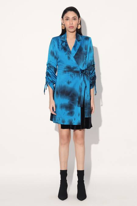 Linetribe_ Blue Viscose Open Neck Satin Dress at Aza Fashions Linetribe__Blue Viscose Open Neck Satin Dress _at_Aza_Fashions