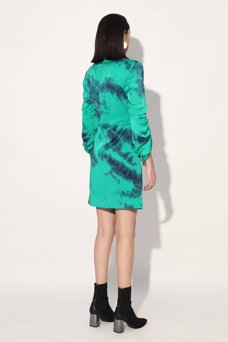 Linetribe_ Green Viscose, Satin Shawl Neck Tie-dye Designer Dress Online at Aza Fashions Linetribe__Green Viscose, Satin Shawl Neck Tie-dye Designer Dress _Online_at_Aza_Fashions