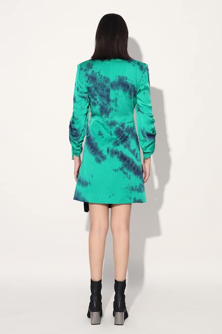 Shop Linetribe_ Green Viscose, Satin Shawl Neck Tie-dye Designer Dress at Aza Fashions Shop_Linetribe__Green Viscose, Satin Shawl Neck Tie-dye Designer Dress _at_Aza_Fashions