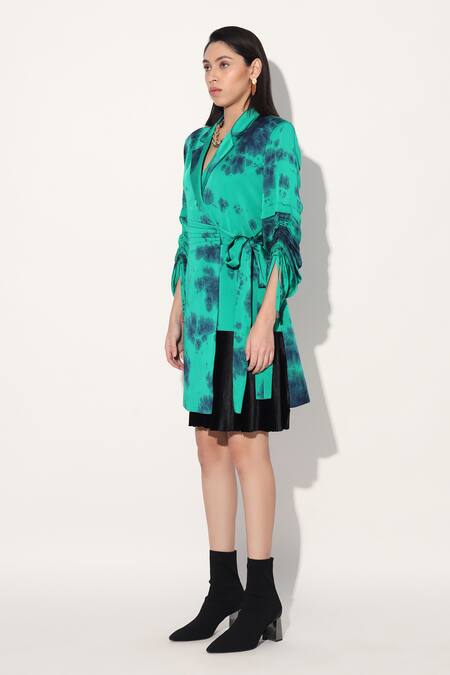 Buy Linetribe_ Green Viscose, Satin Shawl Neck Tie-dye Designer Dress Online at Aza Fashions Buy_Linetribe__Green Viscose, Satin Shawl Neck Tie-dye Designer Dress _Online_at_Aza_Fashions