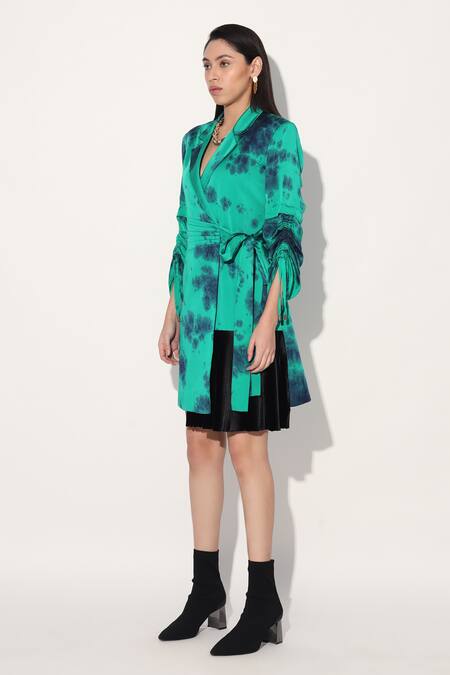 Shop Linetribe_ Green Viscose, Satin Shawl Neck Tie-dye Designer Dress Online at Aza Fashions Shop_Linetribe__Green Viscose, Satin Shawl Neck Tie-dye Designer Dress _Online_at_Aza_Fashions