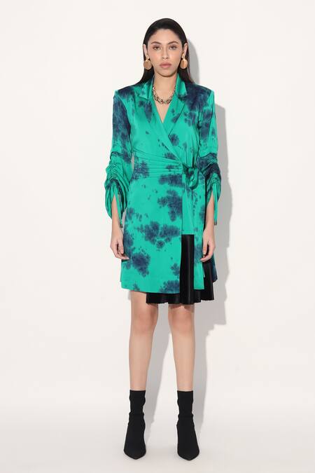 Linetribe_ Green Viscose, Satin Shawl Neck Tie-dye Designer Dress at Aza Fashions Linetribe__Green Viscose, Satin Shawl Neck Tie-dye Designer Dress _at_Aza_Fashions