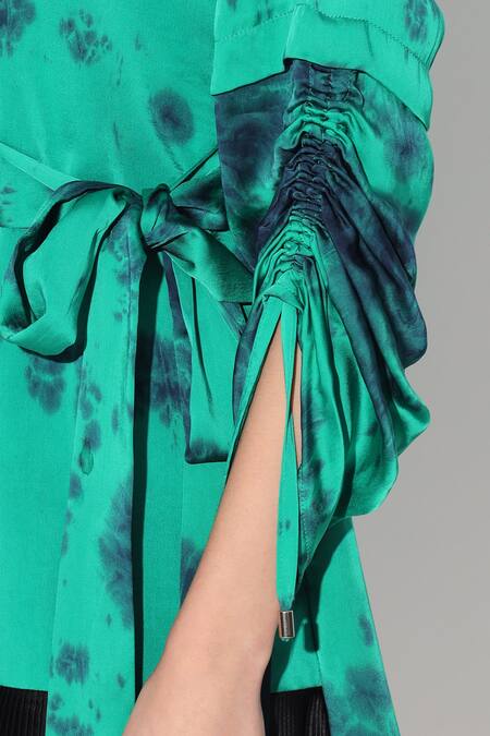 Buy Linetribe_ Green Viscose, Satin Shawl Neck Tie-dye Designer Dress Buy_Linetribe__Green Viscose, Satin Shawl Neck Tie-dye Designer Dress