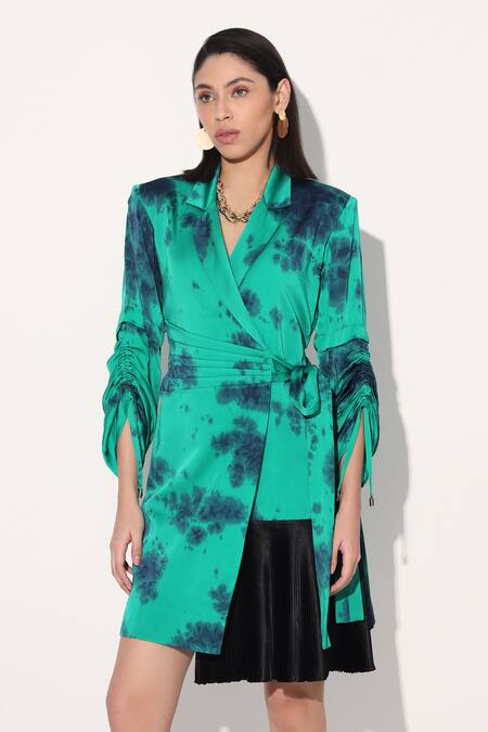 Shop Linetribe_ Green Viscose, Satin Shawl Neck Tie-dye Designer Dress Shop_Linetribe__Green Viscose, Satin Shawl Neck Tie-dye Designer Dress