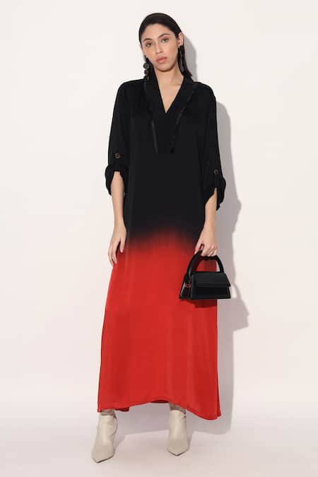 Linetribe_ Multi Color Viscose, Satin Split V-neck Red Black Ombre Tunic 