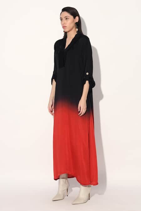 Linetribe_Multi Color Viscose, Satin Split V-neck Red Black Ombre Tunic _Online_at_Aza_Fashions
