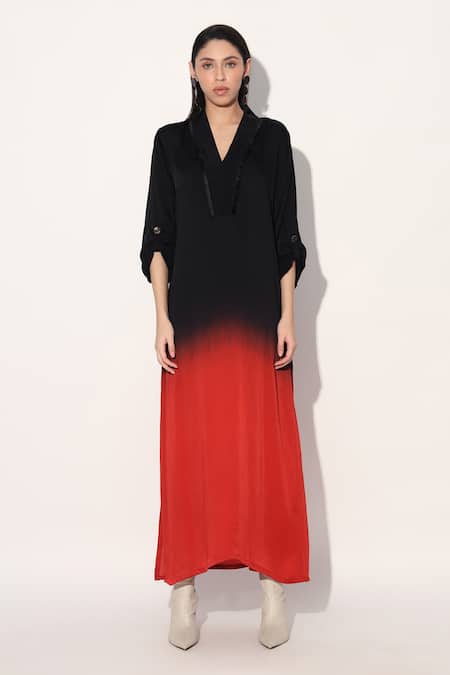 Buy_Linetribe_Multi Color Viscose, Satin Split V-neck Red Black Ombre Tunic _Online_at_Aza_Fashions