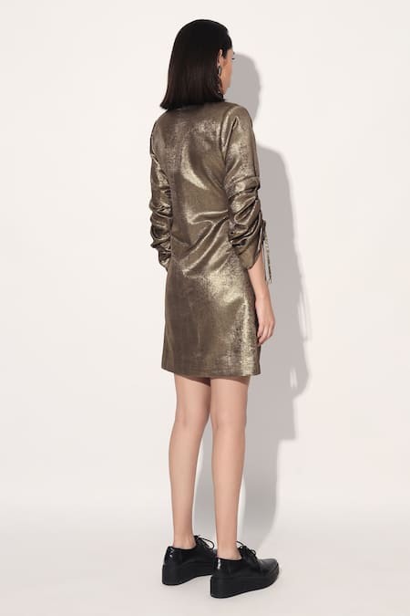 Shop Linetribe_ Gold Crepe Collared Imported Designer Dress at Aza Fashions Shop_Linetribe__Gold Crepe Collared Imported Designer Dress _at_Aza_Fashions