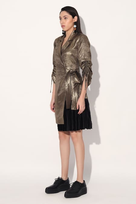 Linetribe_ Gold Crepe Collared Imported Designer Dress Online at Aza Fashions Linetribe__Gold Crepe Collared Imported Designer Dress _Online_at_Aza_Fashions