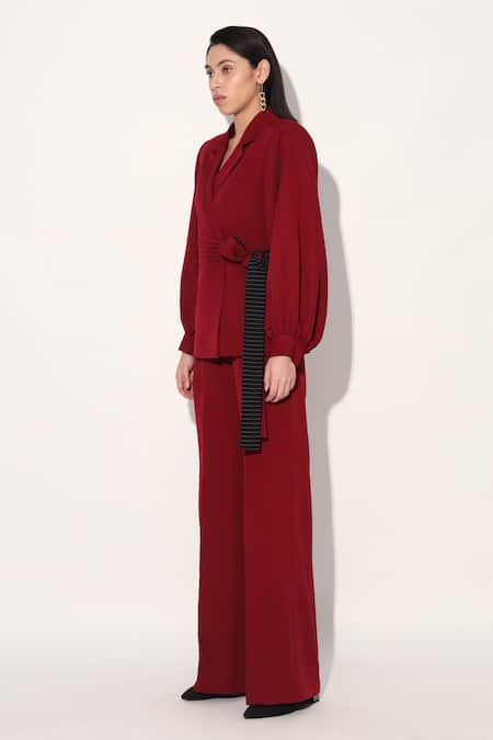 Buy Linetribe Maroon Crepe Designer Blazer And Pant Set Online at Aza Fashions Buy_Linetribe_Maroon Crepe Designer Blazer And Pant Set _Online_at_Aza_Fashions