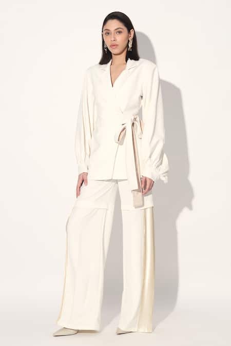 Linetribe_ Ivory Crepe Designer Blazer And Pant Set 