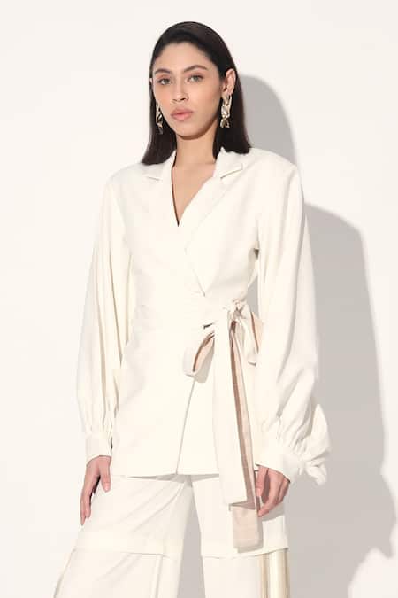 Linetribe_Ivory Crepe Designer Blazer And Pant Set _Online_at_Aza_Fashions