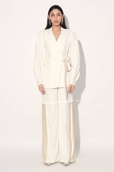 Buy_Linetribe_Ivory Crepe Designer Blazer And Pant Set _Online_at_Aza_Fashions