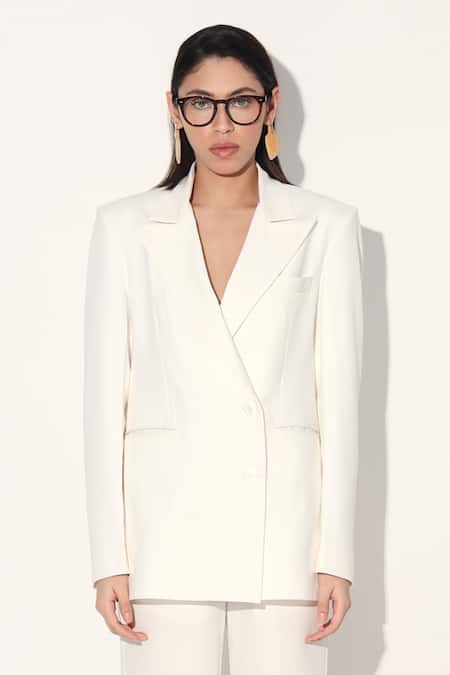 Linetribe_Ivory Crepe Imported Blazer And Pant Set _Online_at_Aza_Fashions