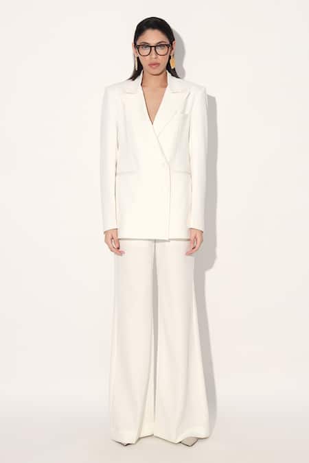 Linetribe_Ivory Crepe Imported Blazer And Pant Set _at_Aza_Fashions