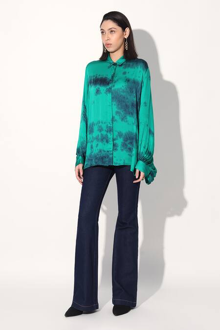 Linetribe_Green Viscose, Satin Collared Tie-dye Designer Shirt _Online_at_Aza_Fashions