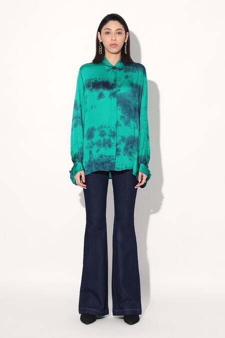 Buy_Linetribe_Green Viscose, Satin Collared Tie-dye Designer Shirt _Online_at_Aza_Fashions
