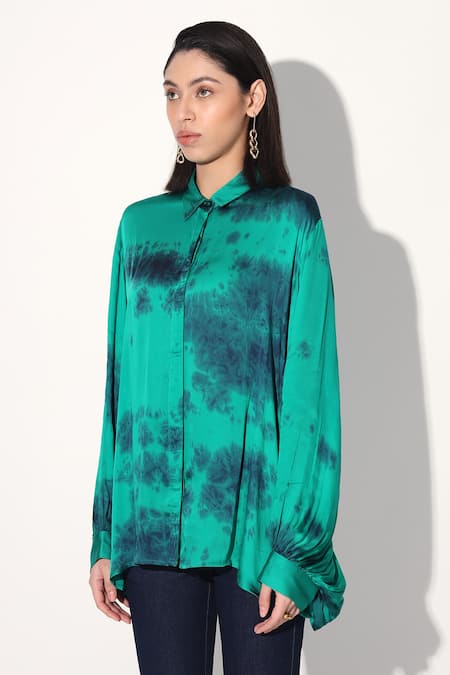 Linetribe_Green Viscose, Satin Collared Tie-dye Designer Shirt _at_Aza_Fashions