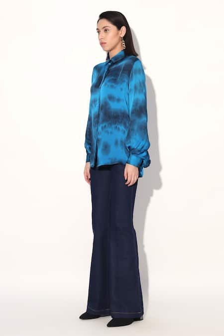 Linetribe_Blue Viscose, Satin Collared Tie-dye Shirt _Online_at_Aza_Fashions
