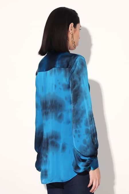 Buy_Linetribe_Blue Viscose, Satin Collared Tie-dye Shirt _Online_at_Aza_Fashions