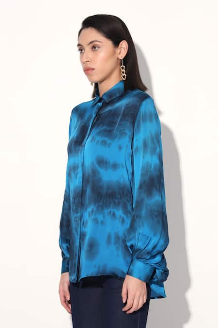 Shop_Linetribe_Blue Viscose, Satin Collared Tie-dye Shirt _Online_at_Aza_Fashions