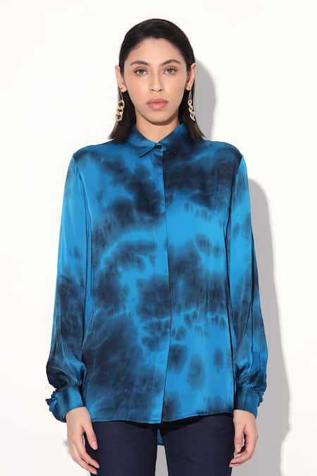 Linetribe_Blue Viscose, Satin Collared Tie-dye Shirt _at_Aza_Fashions