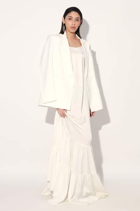 Linetribe_ White Viscose, Satin Designer Gown 