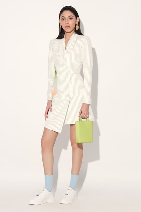 Linetribe_ White Crepe Shawl Neck Striped Designer Dress 