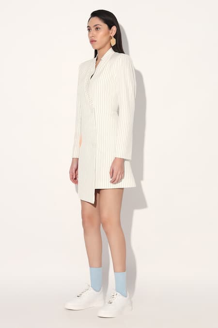 Linetribe_White Crepe Shawl Neck Striped Designer Dress _Online_at_Aza_Fashions
