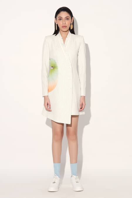 Buy_Linetribe_White Crepe Shawl Neck Striped Designer Dress _Online_at_Aza_Fashions