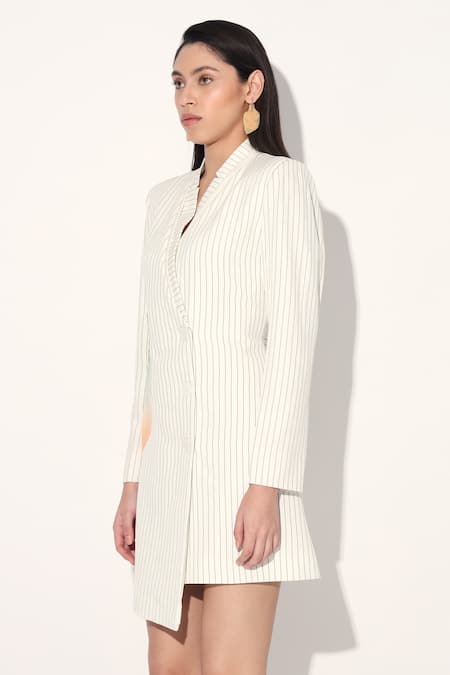 Shop_Linetribe_White Crepe Shawl Neck Striped Designer Dress _Online_at_Aza_Fashions