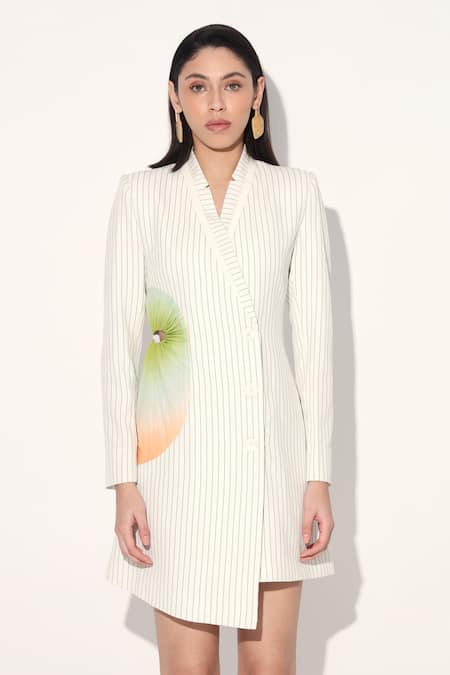 Linetribe_White Crepe Shawl Neck Striped Designer Dress _at_Aza_Fashions