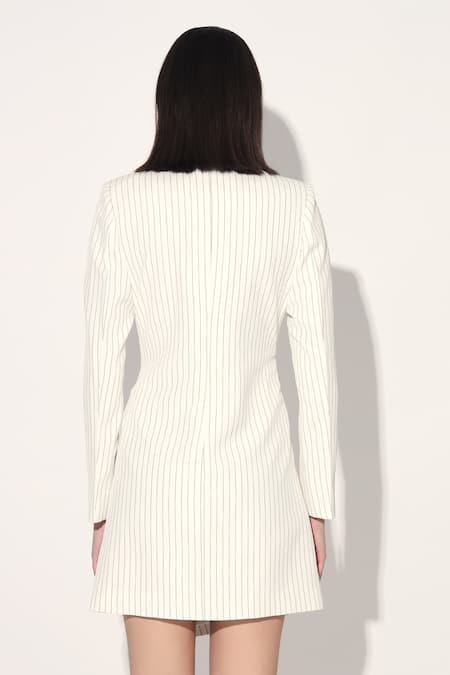 Buy_Linetribe_White Crepe Shawl Neck Striped Designer Dress 