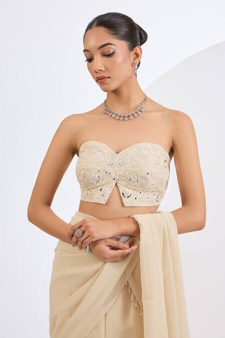 Shop_Neha Khullar_Off White Georgette, Crepe, Viscose Antique Cutdana Embroidered Lehenga Set _Online_at_Aza_Fashions