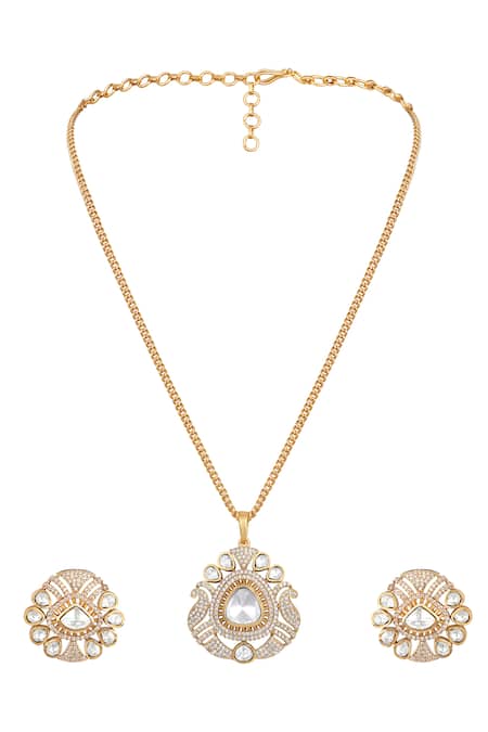Shop HRISHA Gold Plated Designer Necklace And Earring Set at Aza Fashions Shop_HRISHA_Gold Plated Designer Necklace And Earring Set _at_Aza_Fashions