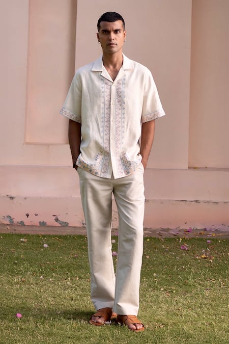 Asuka_Cream Linen Embroidery Half Shirt _Online_at_Aza_Fashions