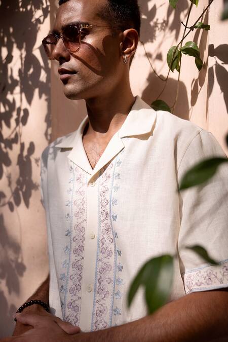 Buy_Asuka_Cream Linen Embroidery Half Shirt _Online_at_Aza_Fashions