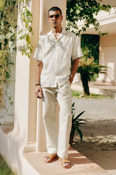 Shop_Asuka_Cream Linen Embroidery Half Shirt _Online_at_Aza_Fashions