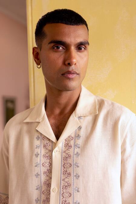 Asuka_Cream Linen Embroidery Half Shirt _at_Aza_Fashions