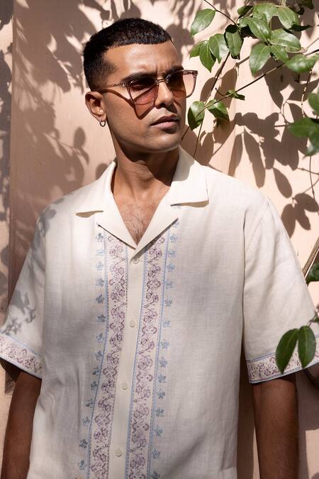 Buy_Asuka_Cream Linen Embroidery Half Shirt 