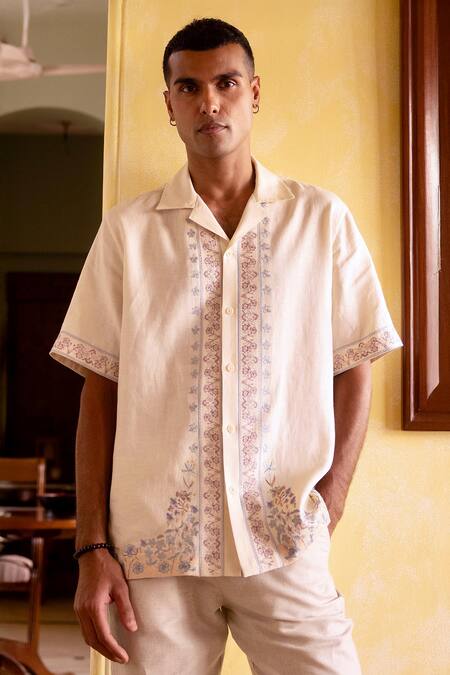 Shop_Asuka_Cream Linen Embroidery Half Shirt 