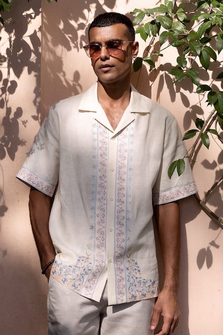 Asuka Embroidered Cream Linen Half Shirt 
