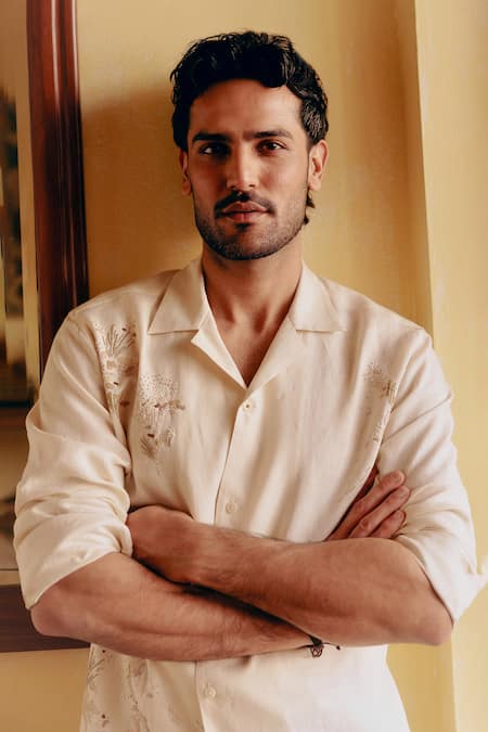 Shop_Asuka_Cream Linen Embroidery Wildflower Drift Shirt _Online_at_Aza_Fashions