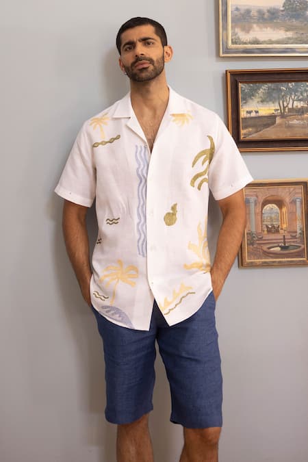 Asuka White Linen, Jacquard Embroidery Tropic Whisper Shirt 
