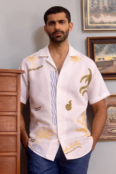Asuka_White Linen, Jacquard Embroidery Tropic Whisper Shirt _Online_at_Aza_Fashions