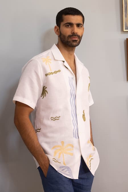 Buy_Asuka_White Linen, Jacquard Embroidery Tropic Whisper Shirt _Online_at_Aza_Fashions
