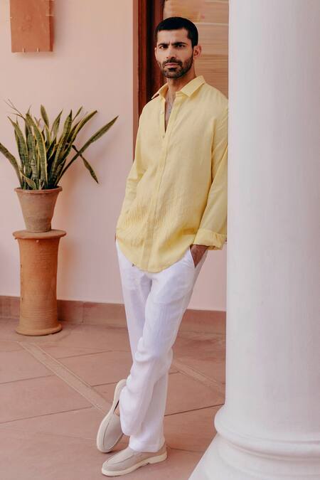 Asuka_Yellow Linen Embroidery Golden Hour Shirt_Online_at_Aza_Fashions